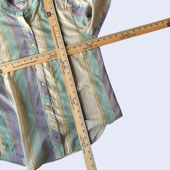 Donnkenny pastel plaid button front blouse size 14 band collar 80s preppy - Picture 4 of 5